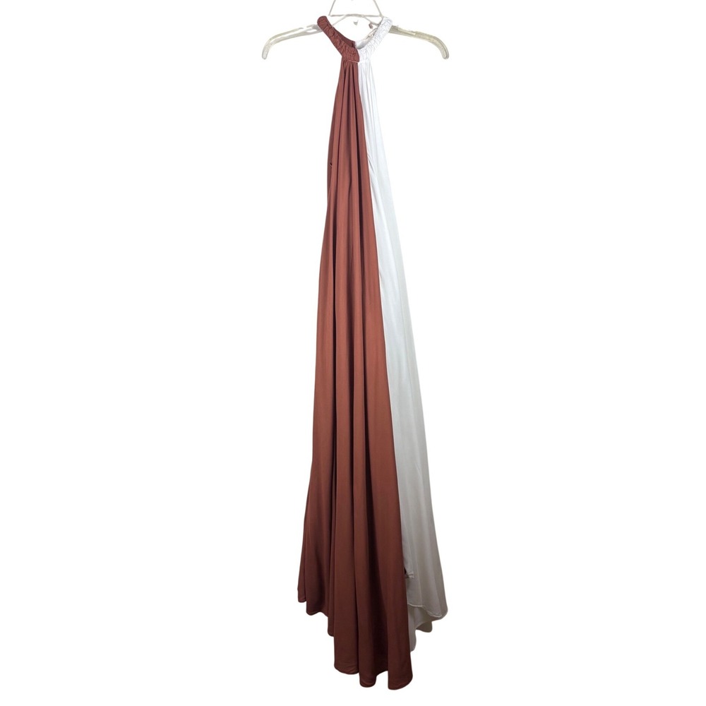 Let Me Be Colorblock Two Tone Halter Maxi Dress Brown Cream XS - Picture 8 of 12